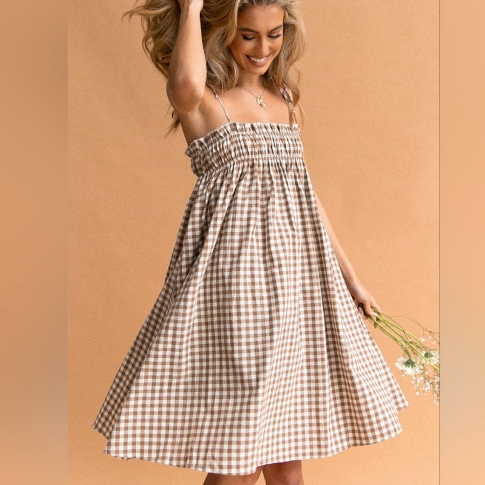 Smocked Gingham Tie-Strap Midi Dress - Beige/Tan - Picture 2 of 16